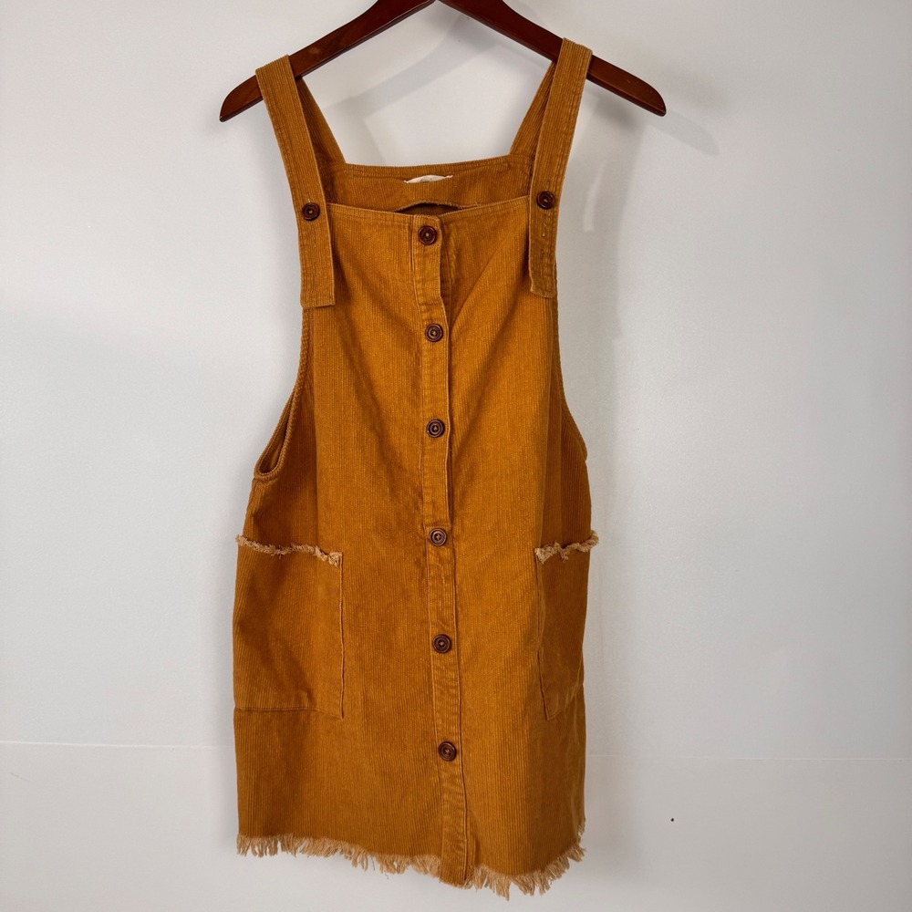 Le Lis Overall Dress Kids Medium Mustard Sleeveless Corduroy Frayed Hem Boho